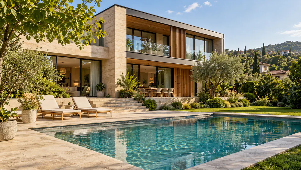 Illustrative view of a modern villa with a pool in Tbilisi