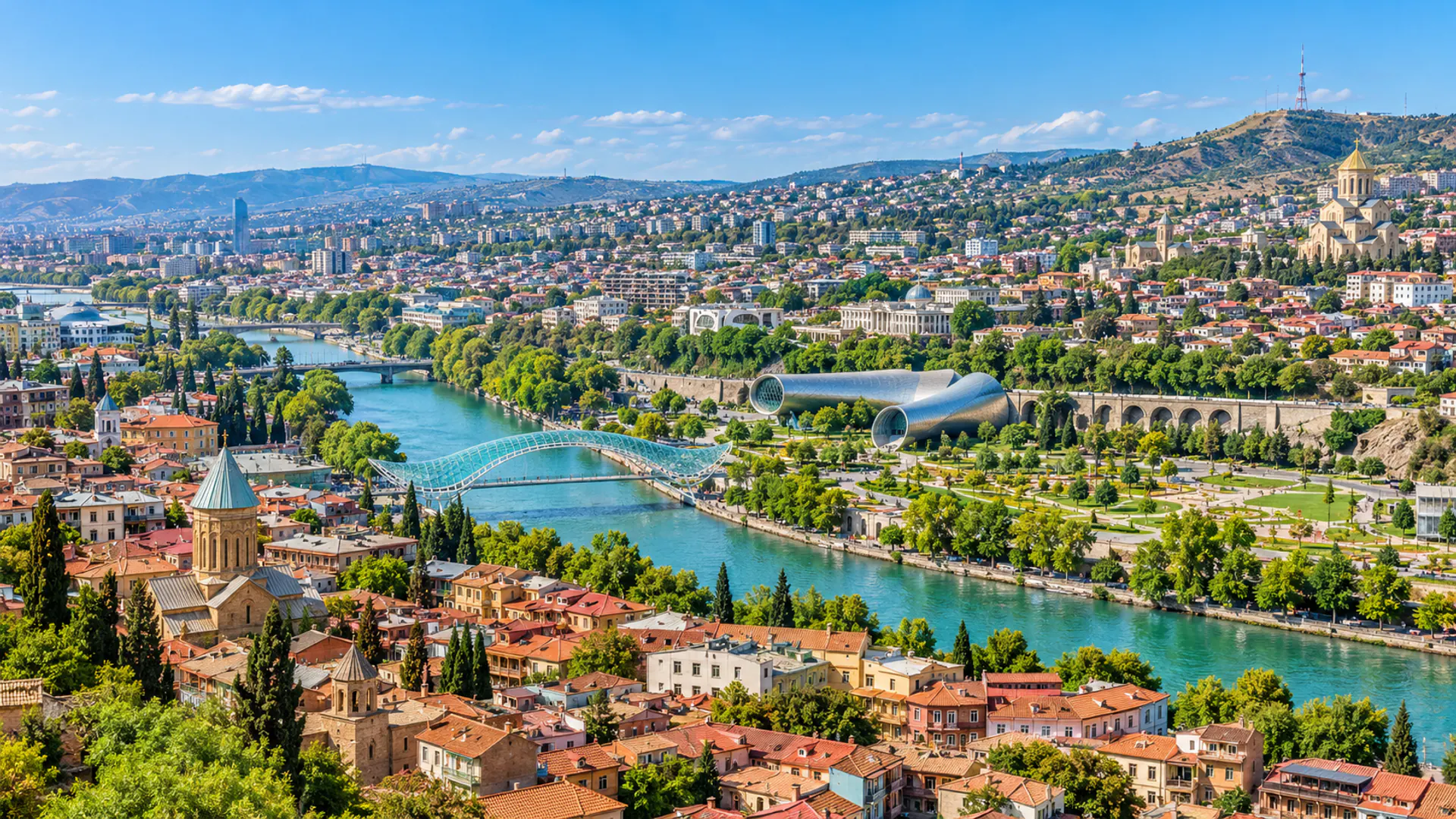 AI-generated panorama inspired by Tbilisi and the Bridge of Peace