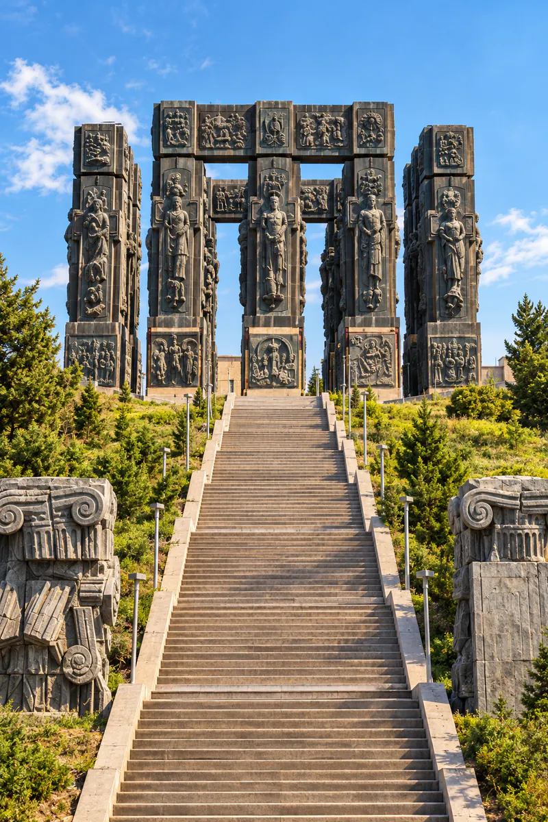 AI-generated image of the carved stone pillars of the Chronicles of Georgia monument in Tbilisi